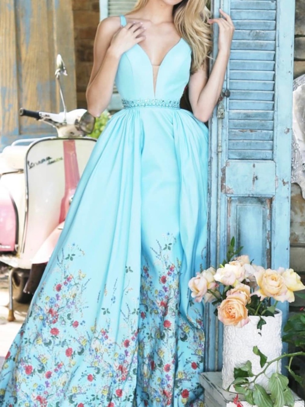 Sherri Hill Aqua Blue Floral Ball Gown with V-Neck